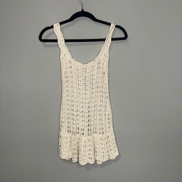 Unbranded Tops - Unbranded Ivory Crochet Open Knit Tank Top Ruffle Hem Sleeveless Boho Cream